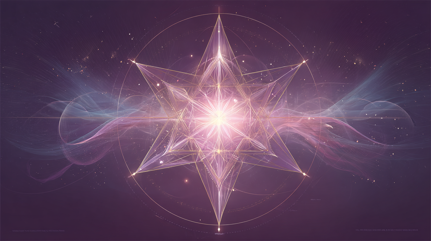 Activated Merkabah light vehicle, glowing in gold and white against deep plum background.