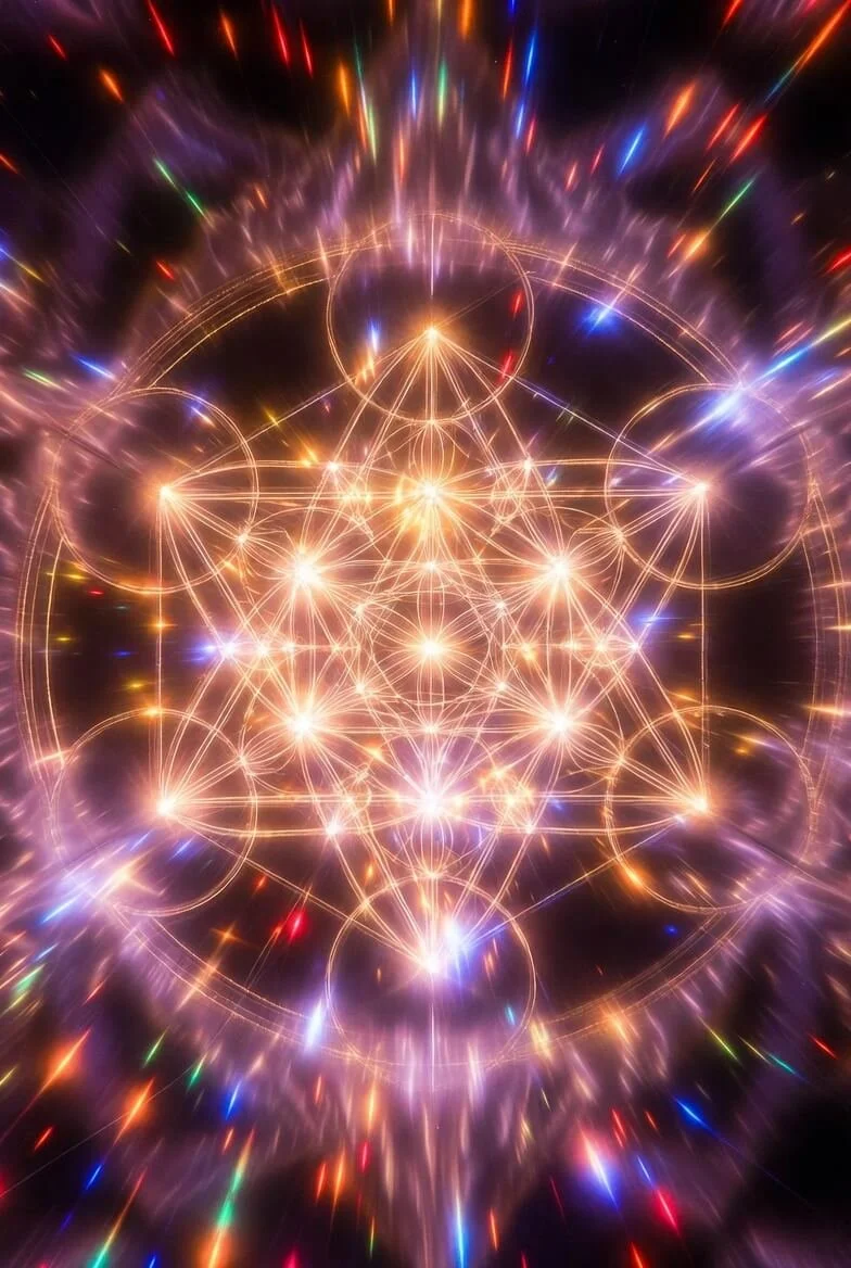 Radiant sacred geometry with golden light and colorful sparkles representing the transformative energy of personal guidance