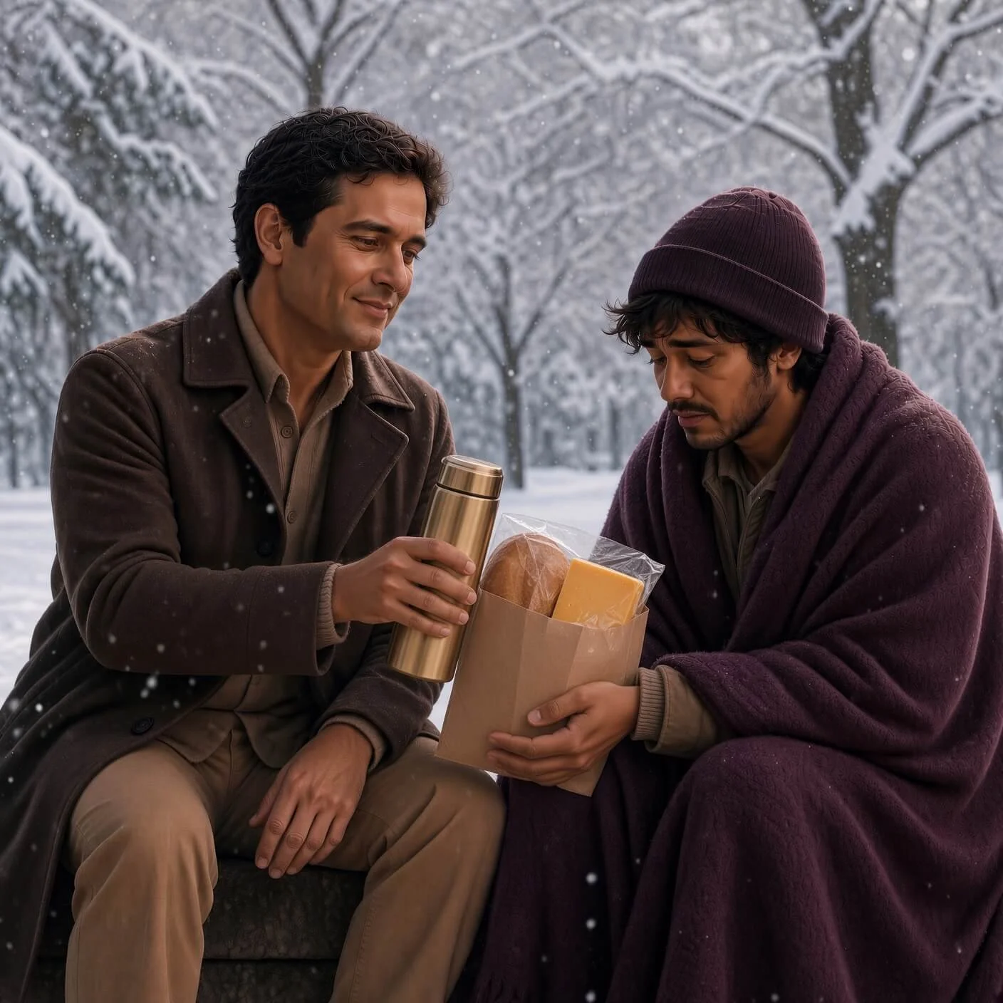 A Starseed man offers food and a warm drink to a man in need on a snowy day, embodying the living Promise and quiet service