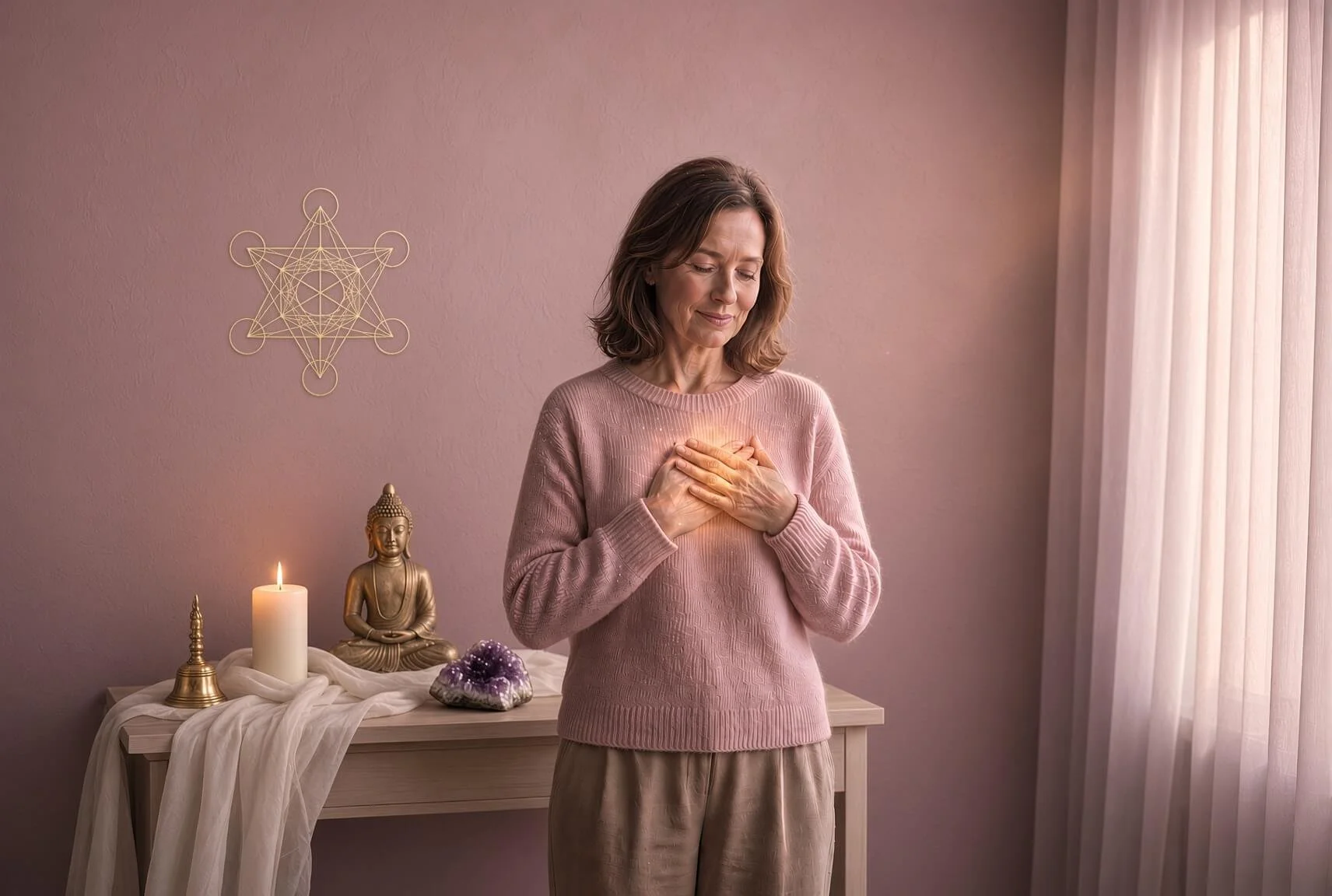 A middle-aged Starseed woman stands before her home altar with hands over her heart, quiet and self-assured after telling someone she is a Starseed.