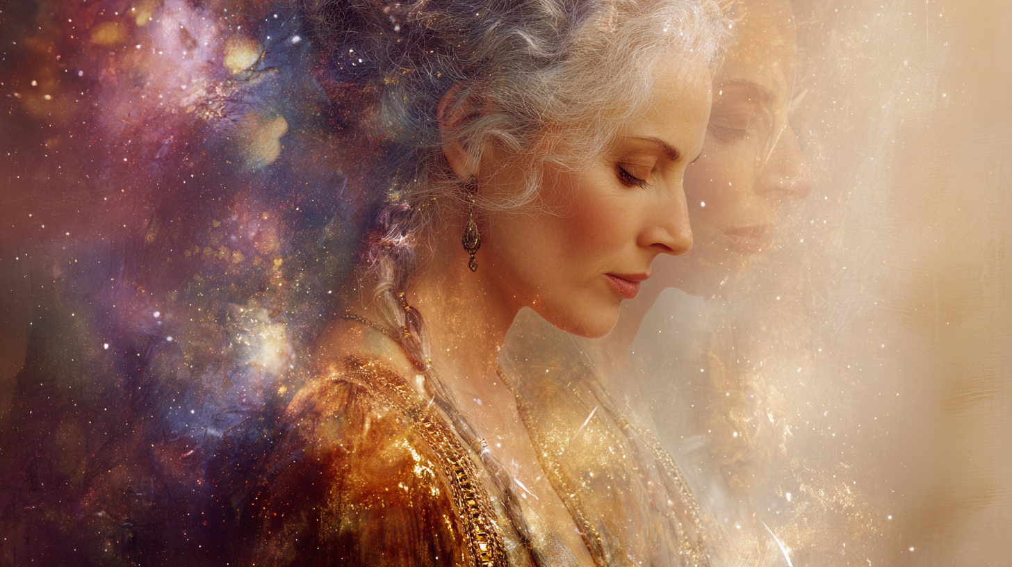 A woman and an ethereal Being representing her Oversoul