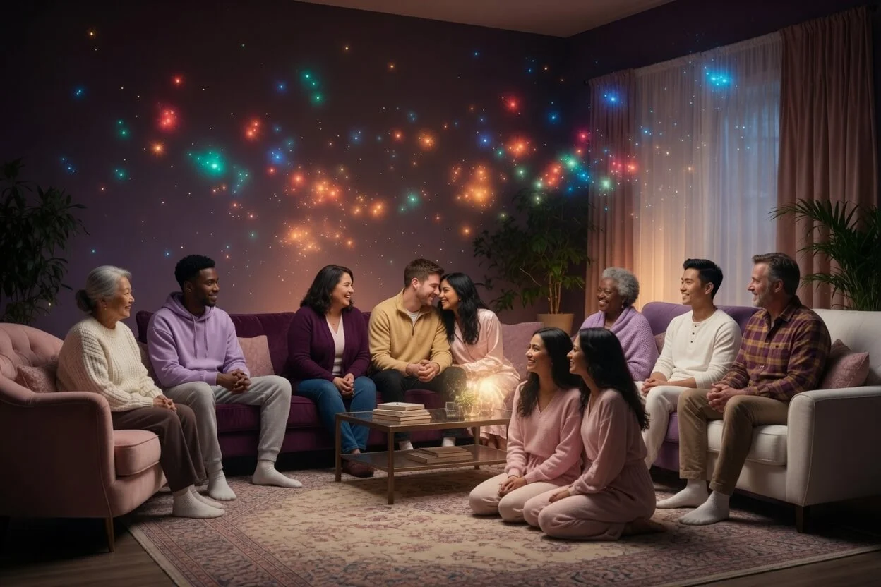 Group of Starseeds gathered intimately in a cozy living room with mystical sparkles, representing collective activation and connection