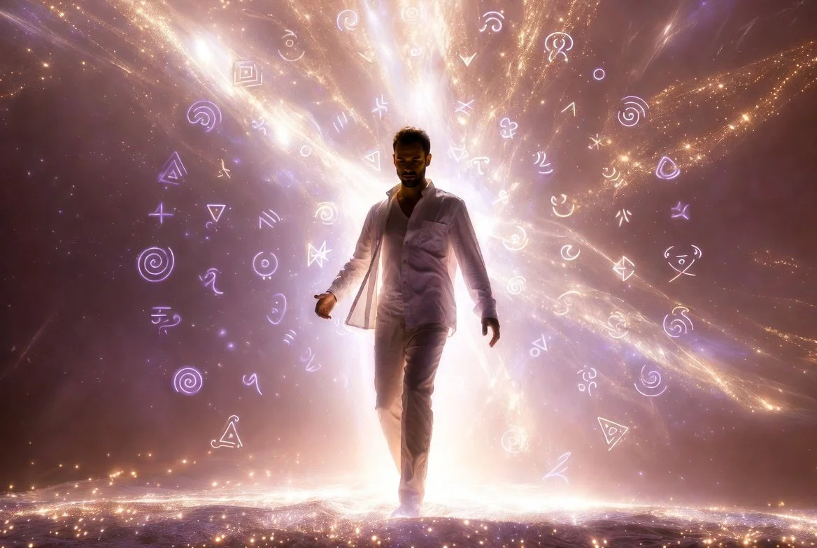 Starseed man in white emerging from glowing mystical rite of passage portal, embodying 888 Christ consciousness and galactic awakening, with deep plum, gold, lavender, pink, and jewel tone accents.