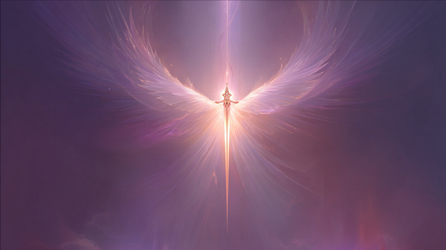 Archangel Michael's Sword of Light, cutting through veils in warm pink and gold spiritual energy.