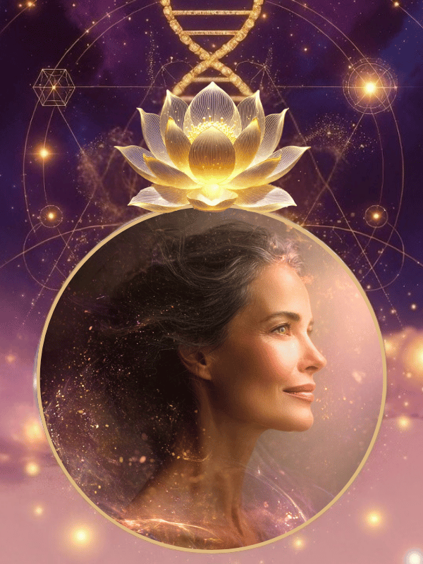 The Starseed Healing Codex cover image of a Starseed Goddess, golden lotus, DNA helix and sacred geometries