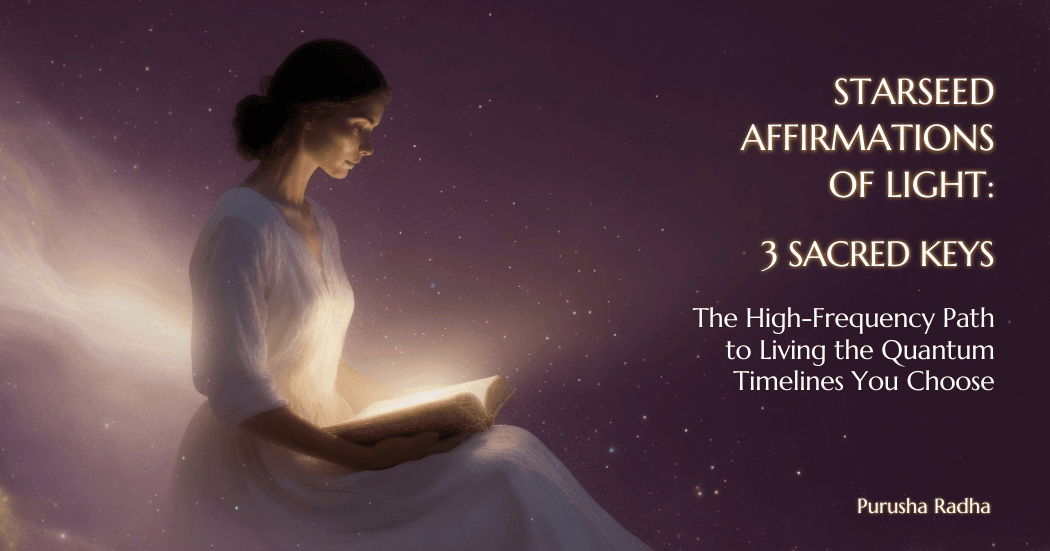 Starseed Affirmations of Light: 3 Sacred Keys by Purusha Radha – elegant book cover floating in a mystical cosmic starry background