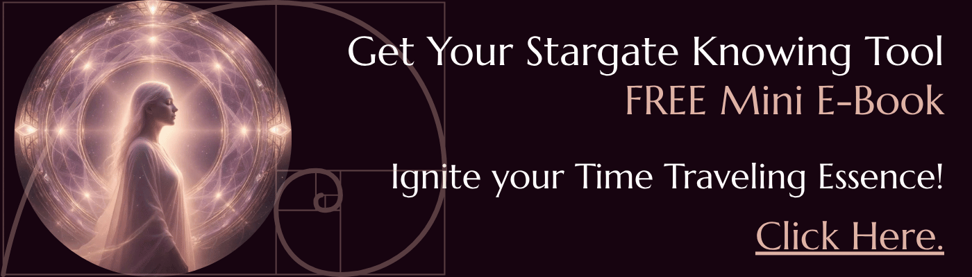 Mystical Starseed woman standing inside a glowing sacred-geometry Stargate portal – Get Your Stargate Knowing Tool FREE Mini E-Book – Ignite your Time Traveling Essence