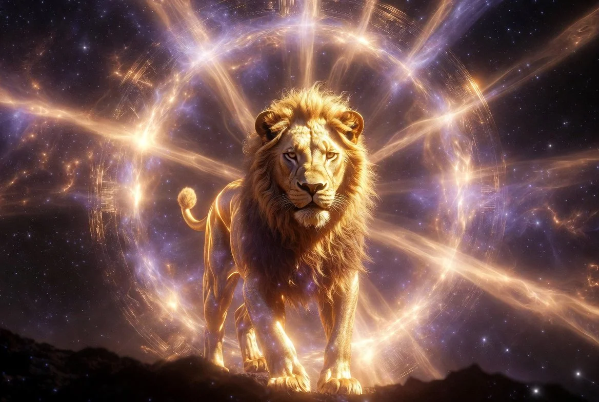 Golden lion standing in radiant ethereal Stargate portal of light, symbolizing Lion’s Gate activation and 888 Christ consciousness, in deep plum, gold, lavender, and pink cosmic tones.