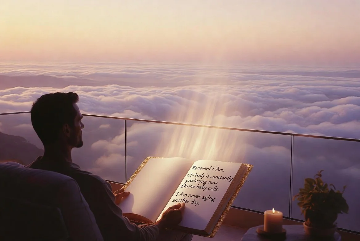 Starseed man seated peacefully on a high-altitude hotel balcony overlooking clouds, holding an open gold-gilded notebook with affirmations