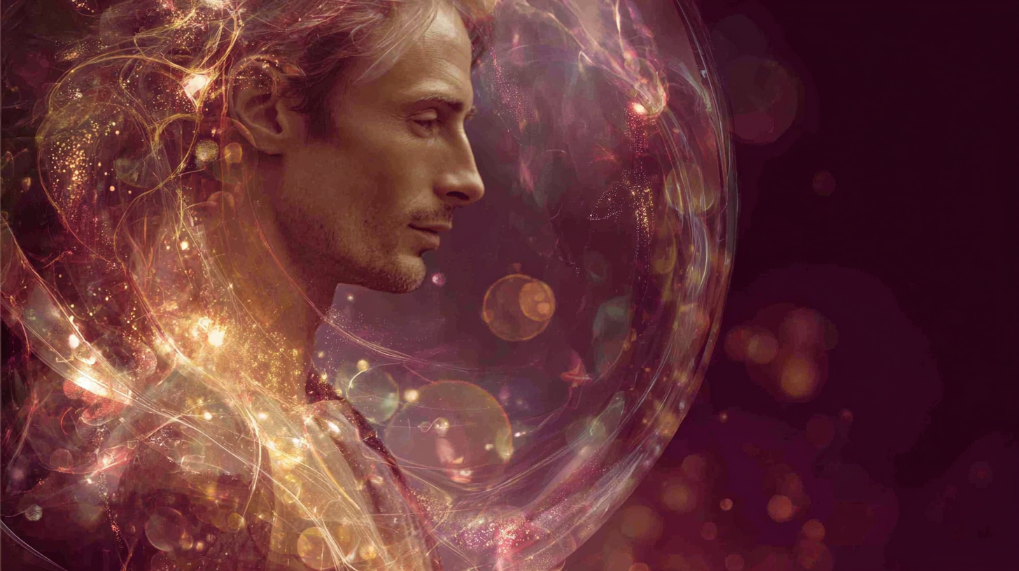 Starseed man in profile, surrounded by luminous golden energy and cosmic light bubbles, symbolizing sovereign protection and rising above 3D heaviness for ascension resilience.