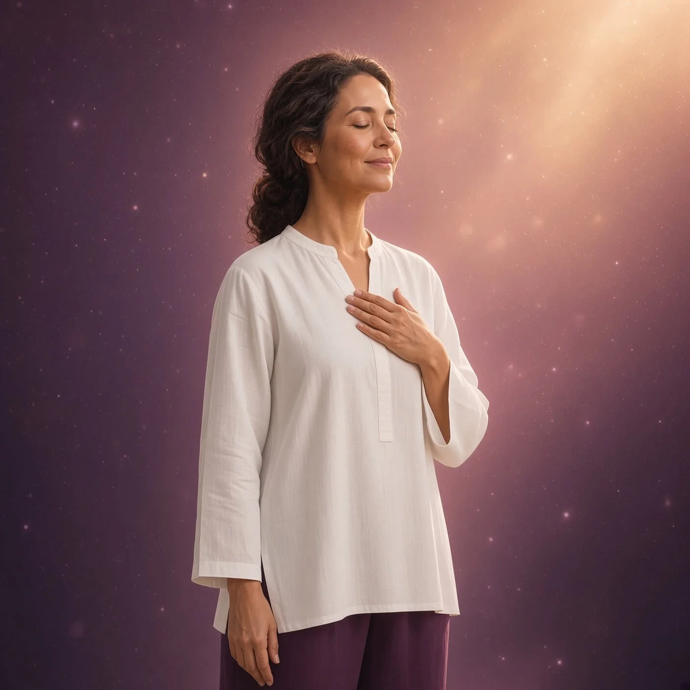 A woman in a simple white tunic and deep plum pants stands with hand over heart in quiet devotion, embodying the Starseed as Humble God Goddess devoted in service to all of Existence