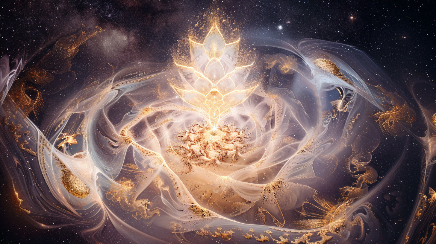 Golden spiral of sound waves in warm pale pink and deep plum, depicting sacred vibration for increasing Light quotient through mantras, holy Names, and Starseed epi-kinetic activation