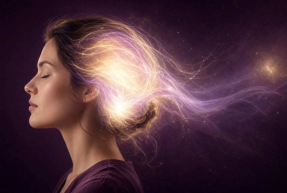 Photorealistic side profile of a serene Starseed woman with the lower cerebellum glowing in radiant golden-white and soft lavender Light, depicting the seat of the subconscious Mind of God alight with divine energy