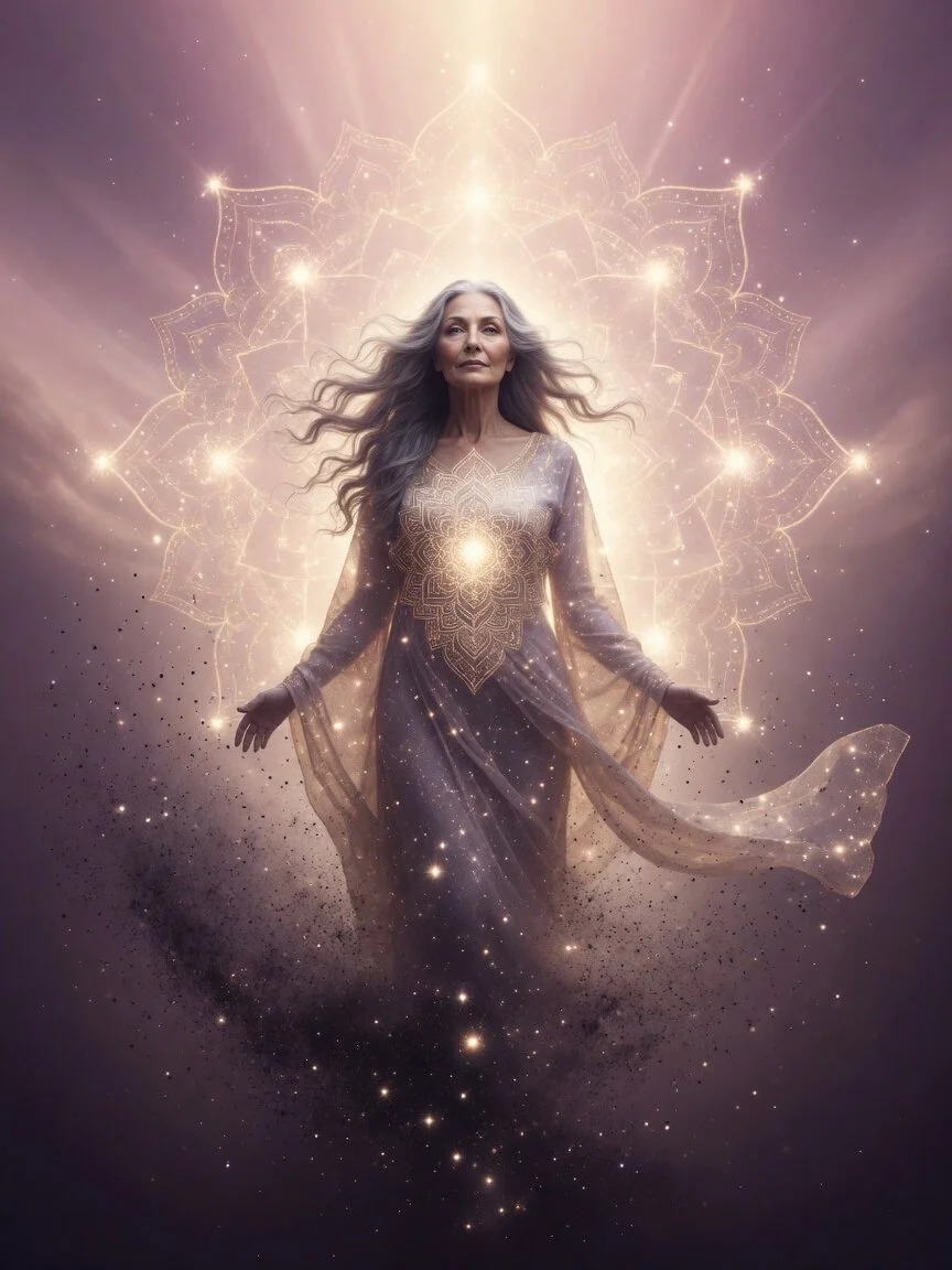 Mystical older woman releasing 3D heaviness, transforming into pure light with sparkling cosmic energy — hero image for Starseed Tools to Lighten 3D Heaviness