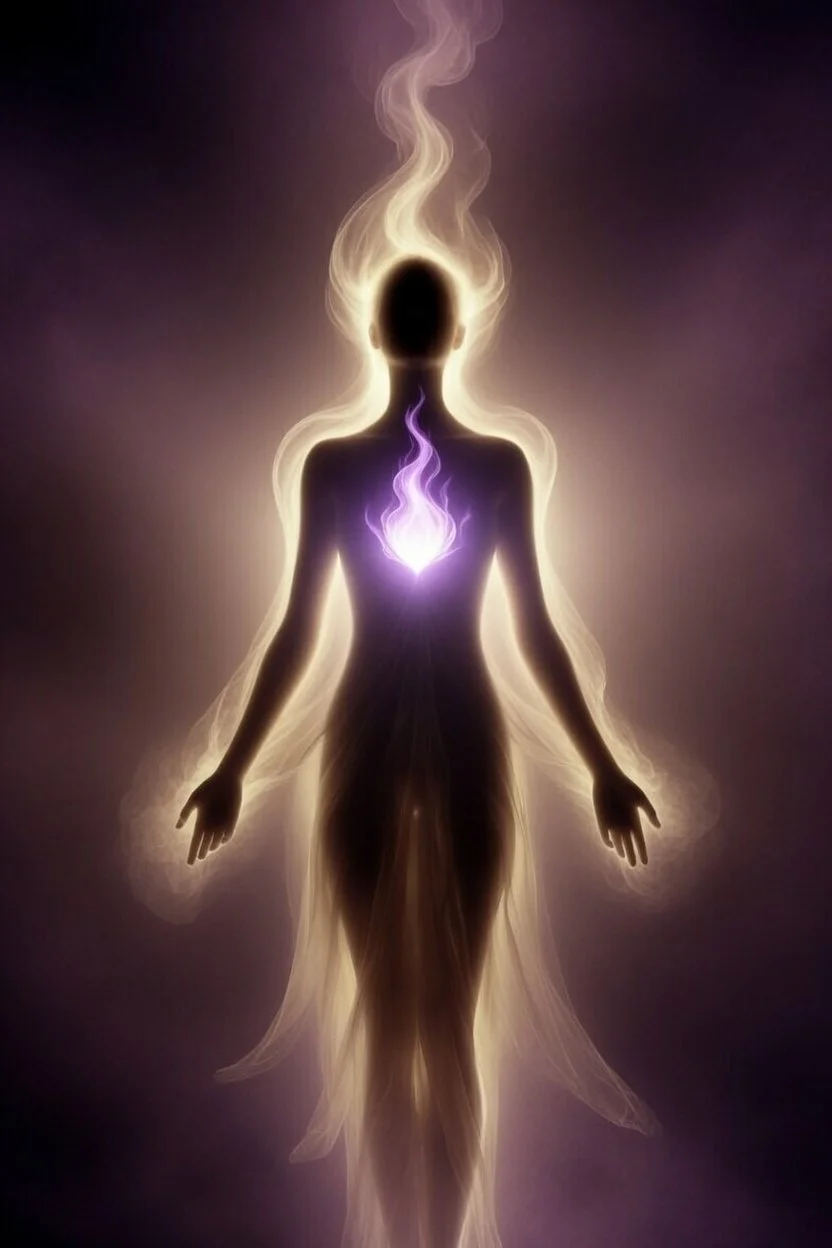 Ethereal figure with radiant lavender flame glowing at the heart center, surrounded by golden aura, deep spiritual activation symbol