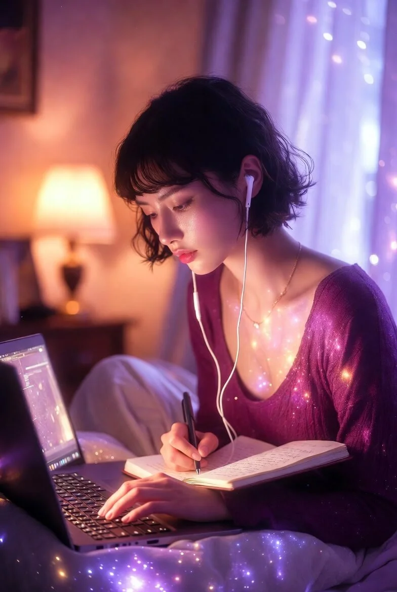 Woman with short dark hair studying a Starseed course with earbuds and notebook, representing video, audio, and written materials