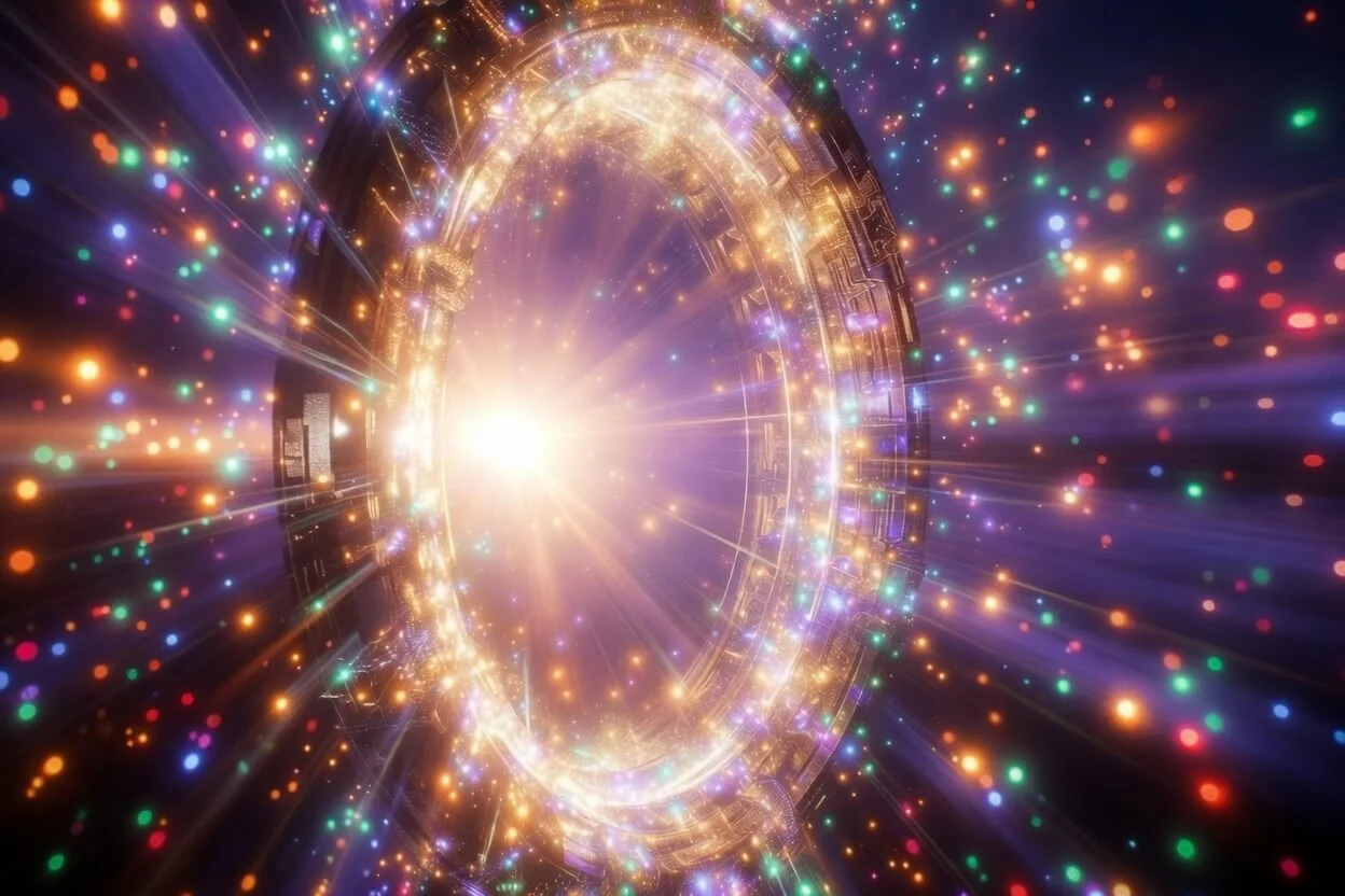 Radiant golden Stargate of Starseed Courses opening with vibrant colorful sparkles and light