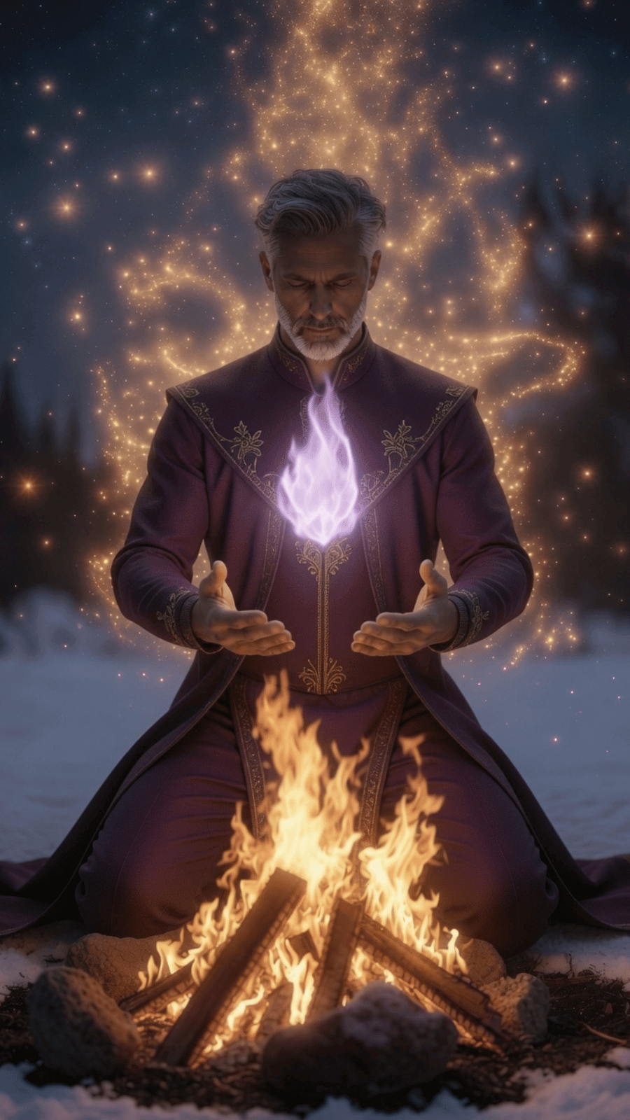 starseed man in deep plum and gold ceremonial ritual garb during Winter Solstice Ka-Christos Alignment by a sacred bonfire under twinkling stars – soft lavender Christos Flame at heart with radiant golden light from behind for sovereign activation