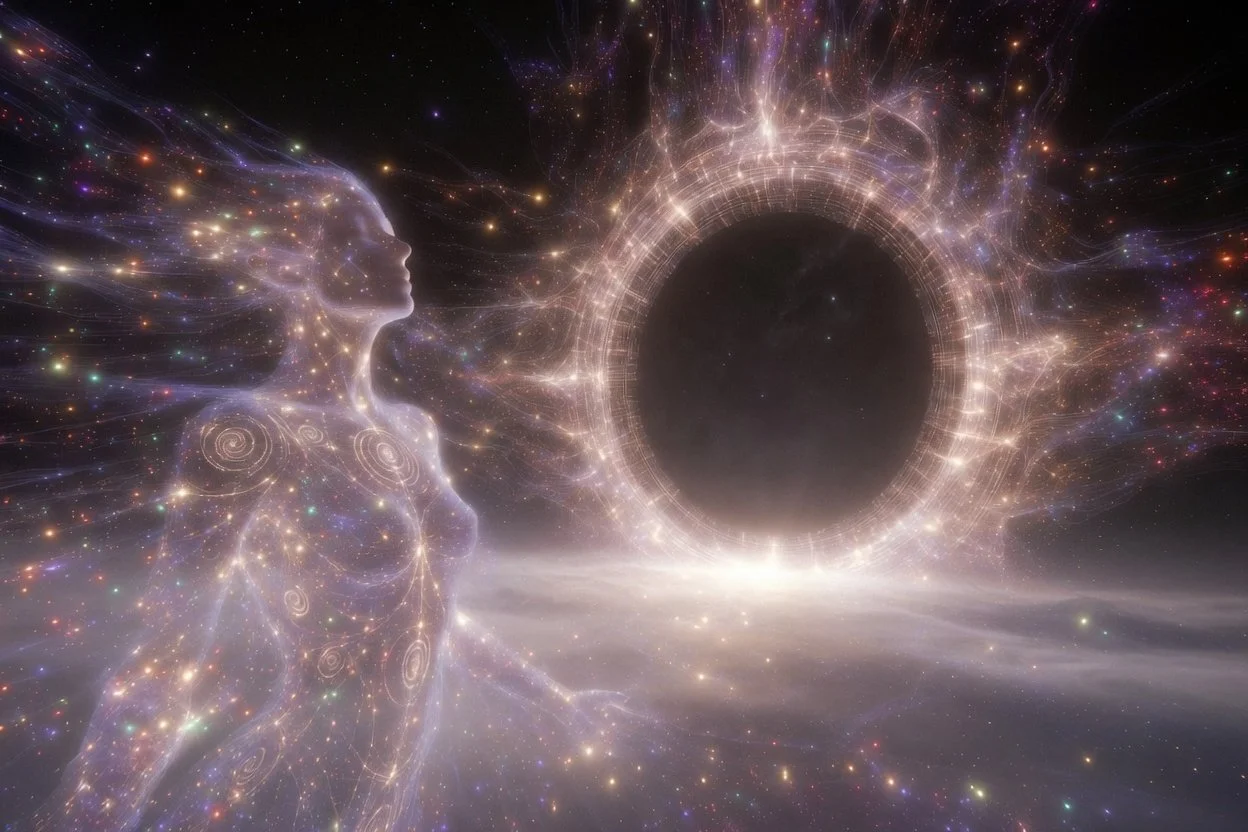 A Starseed luminous ethereal figure of pure light with sacred geometry patterns approaching a radiant circular Stargate filled with multicolored sparkles of red, orange, magenta, blue and green – Starseed conscious time travel through Stargates