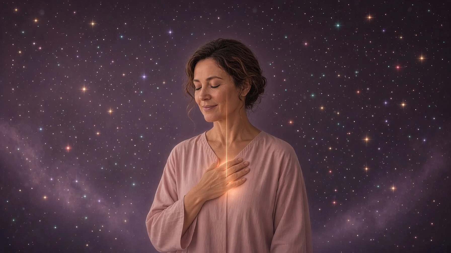 A woman stands in profile against a deep plum starry sky, eyes closed and hand over her heart, a slender thread of gold light rising through her as she recognizes she is a Starseed.
