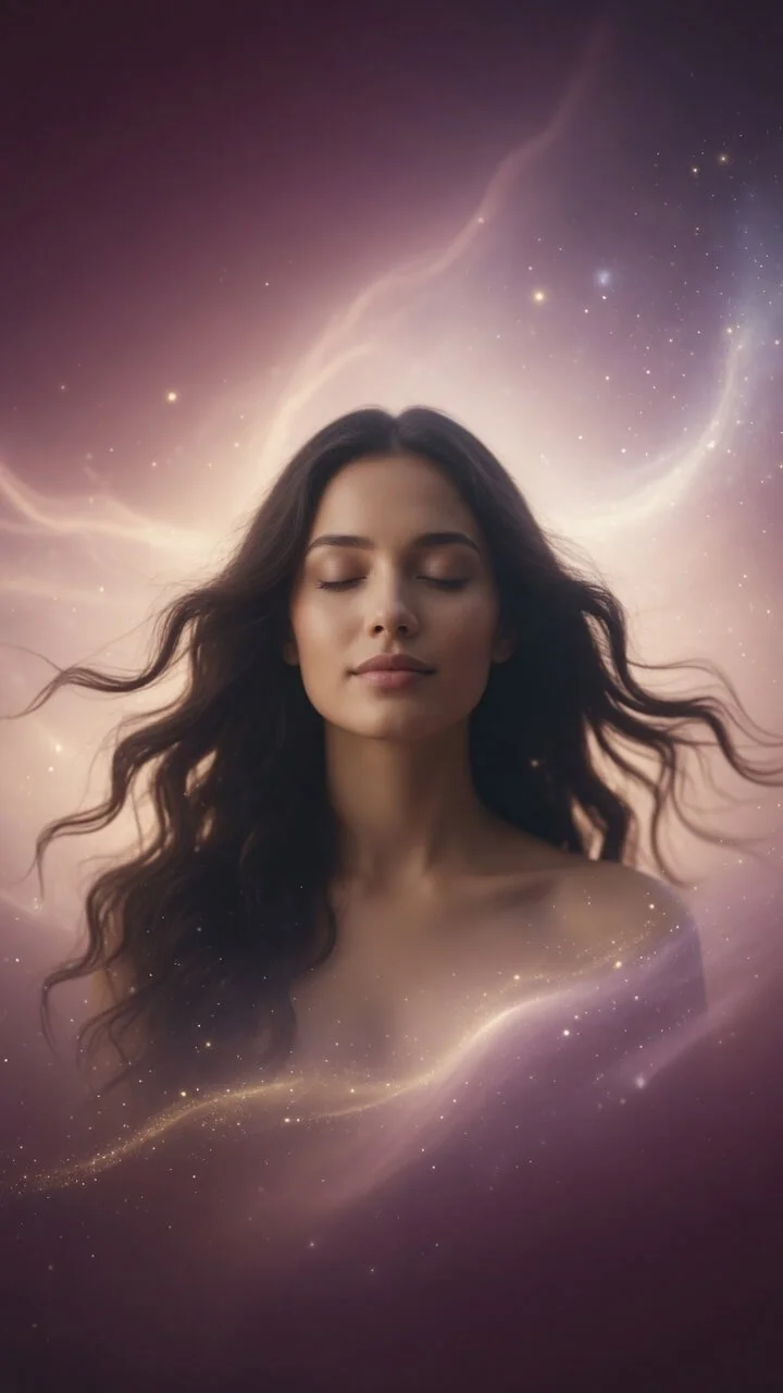 Serene radiant woman with eyes closed in peaceful meditation, surrounded by luminous ethereal cosmic light and glowing energy in deep plum, pink, and gold tones