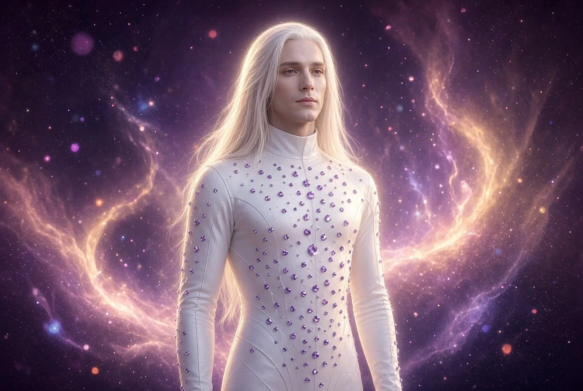 Photorealistic otherworldly Starseed Future Self in the sixth-dimensional Pleiades, a serene man with long straight platinum hair wearing a white crystal-bedazzled bodycon suit, aglow with golden-white and lavender Light amid deep plum cosmic energy