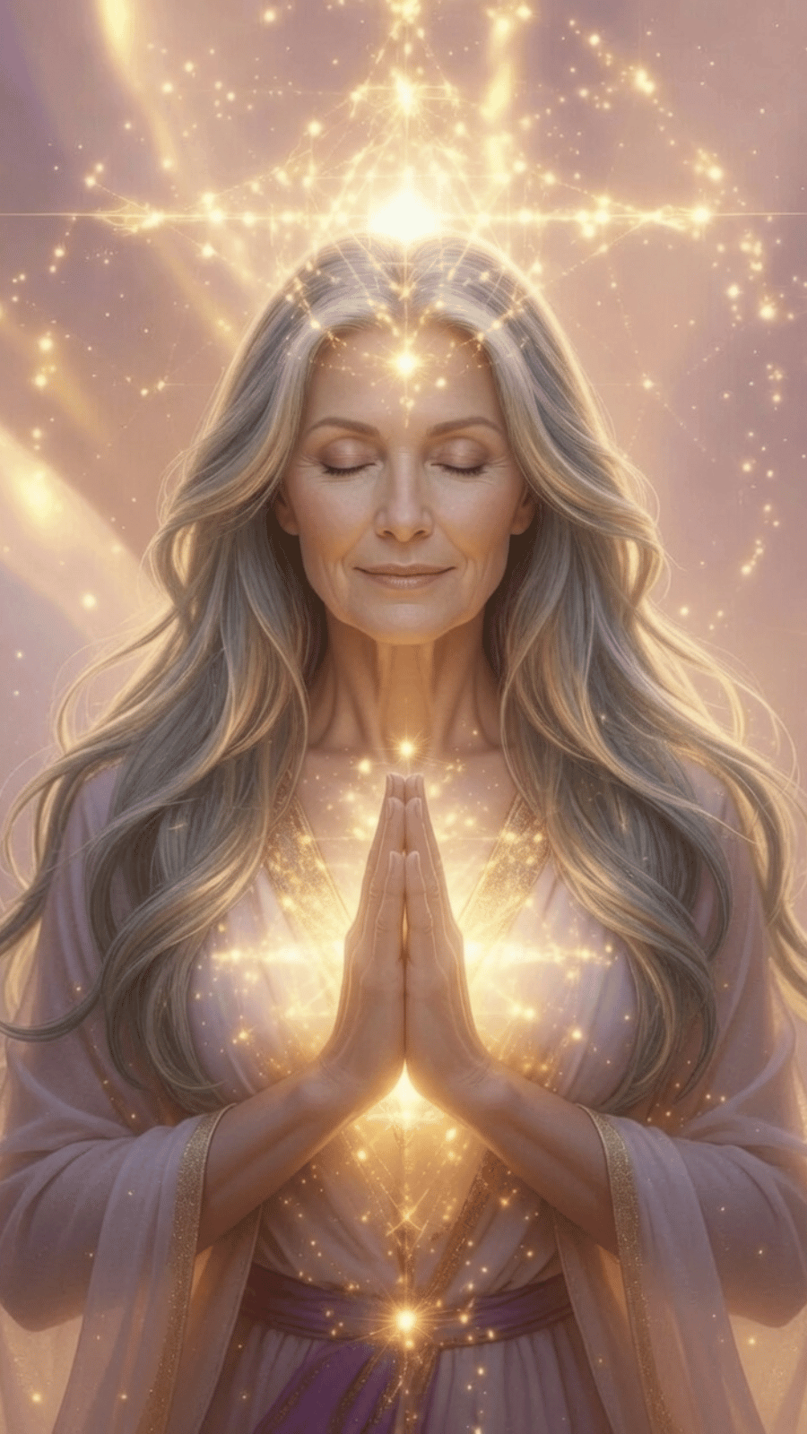 Radiant starseed woman with flowing salt-and-pepper hair, hands in prayer at heart center during Morning Dedication Prayer – bathed in golden light as a wise conduit for Higher Realm guidance and the Great Shift