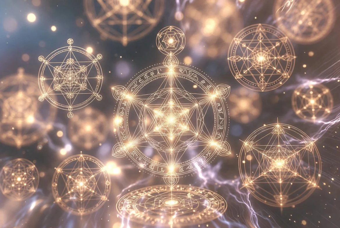 Soft glowing golden sacred geometry light codes floating and interconnecting in warm gold and white cosmic space, symbolizing higher thought-forms and Starseed mind mastery