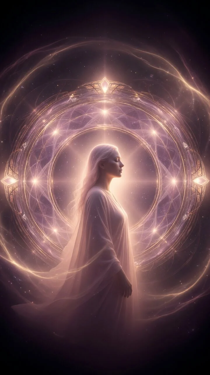 Radiant ethereal figure in profile with glowing aura before a luminous light Stargate portal in cosmic space