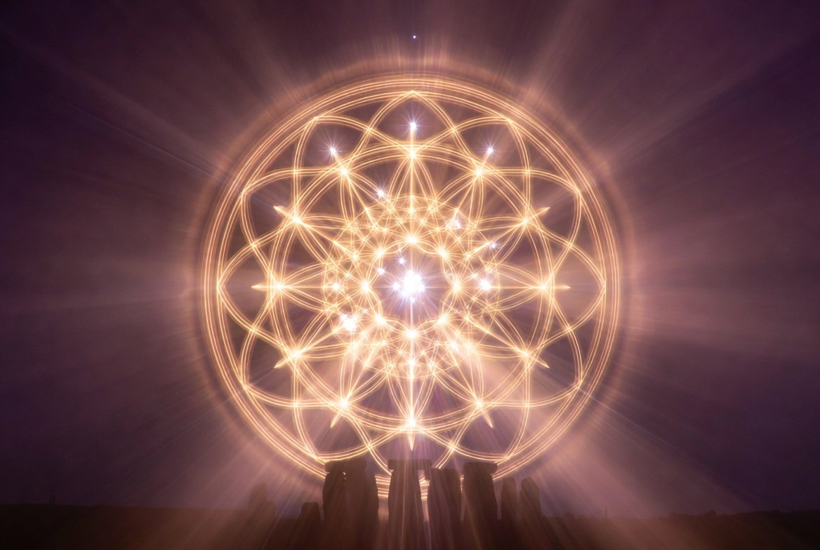 Mystical golden Pleiadian Stargate mandala with sacred geometry and Summer Solstice light codes, deep plum cosmic background, warm pale pink and white luminous rays, representing Starseed awakening and New Earth expansion