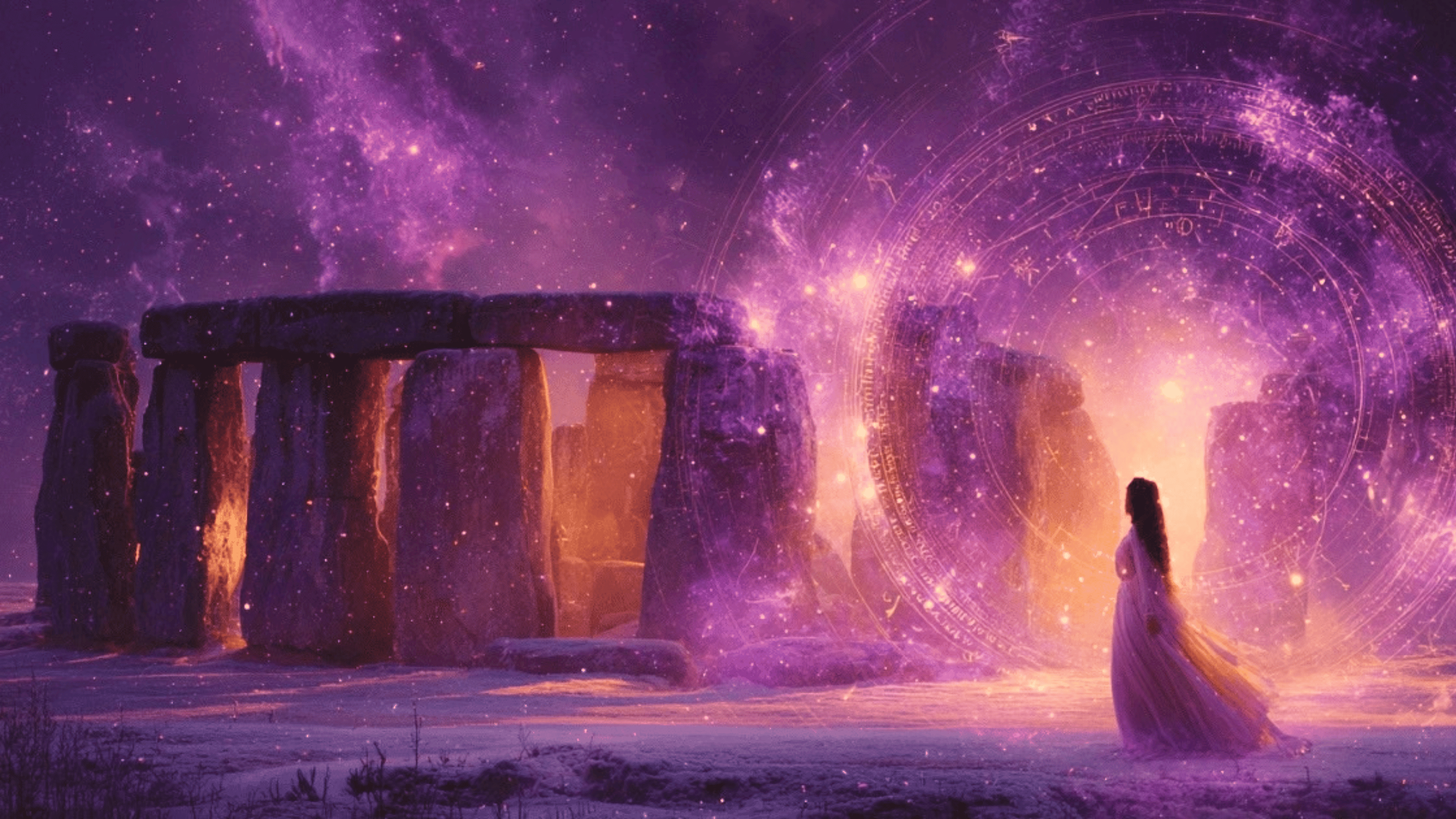A woman in a long gown stands before Stonehenge as a glowing celestial Stargate of star maps opens in the winter night sky.