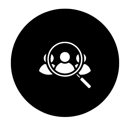 Icon of a person being analyzed or searched through a magnifying glass with other people in the background.