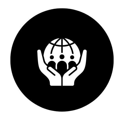 Icon of two hands holding a globe with three connected human figures.