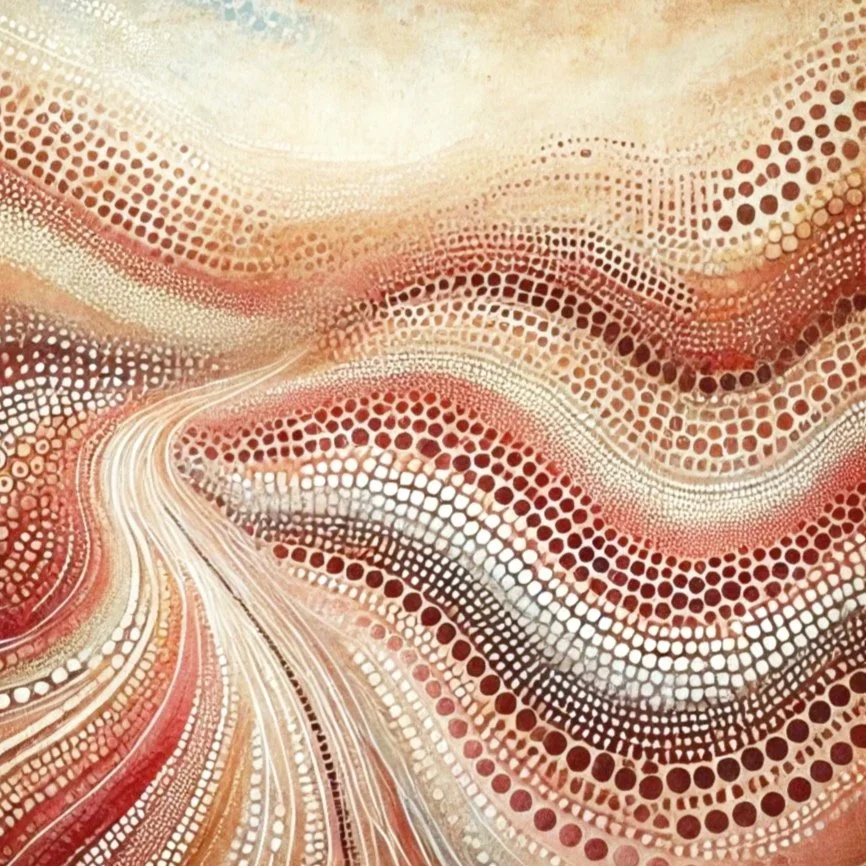Abstract pattern of swirling, dotted lines in shades of red, orange, beige, and black.