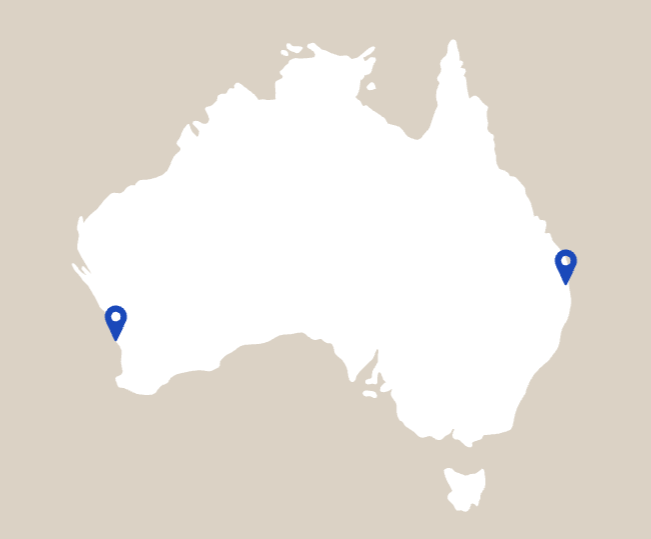 Outline map of Australia with two location markers, one on the west coast and one on the east coast.