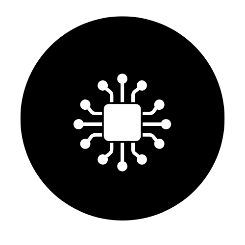 Icon of a microchip with multiple connecting lines on a black background.