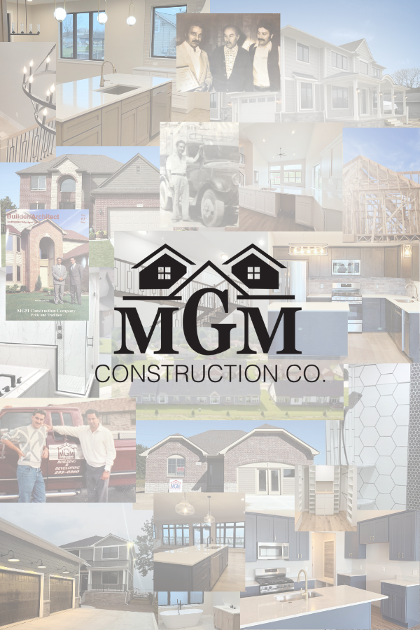 Collage of residential construction projects, including modern kitchens, house exteriors, construction workers, and building structures, with MGM Construction Co. logo in center.