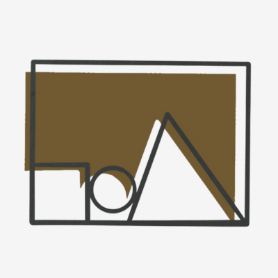 Abstract geometric illustration with rectangles, a circle, and a triangle in black, white, and brown.