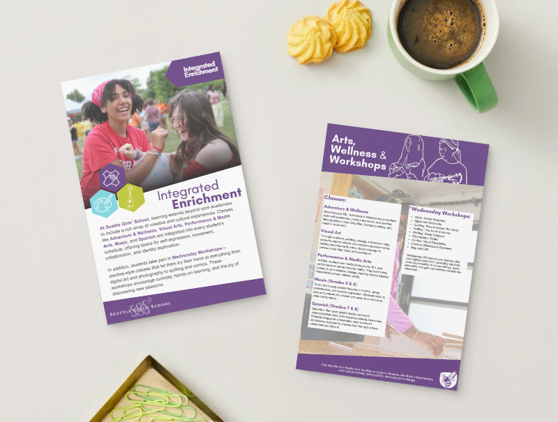 Flyers for an afterschool program, a cup of coffee in a green mug, two small cookies, and a box of paper clips on a white table.