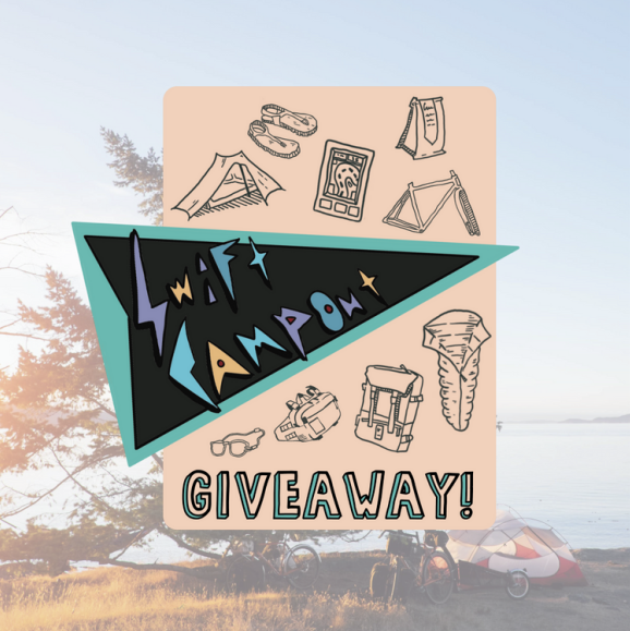 A promotional graphic for a giveaway featuring outdoor and camping gear, including shoes, tent, backpack, and camping accessories against a beach backdrop.