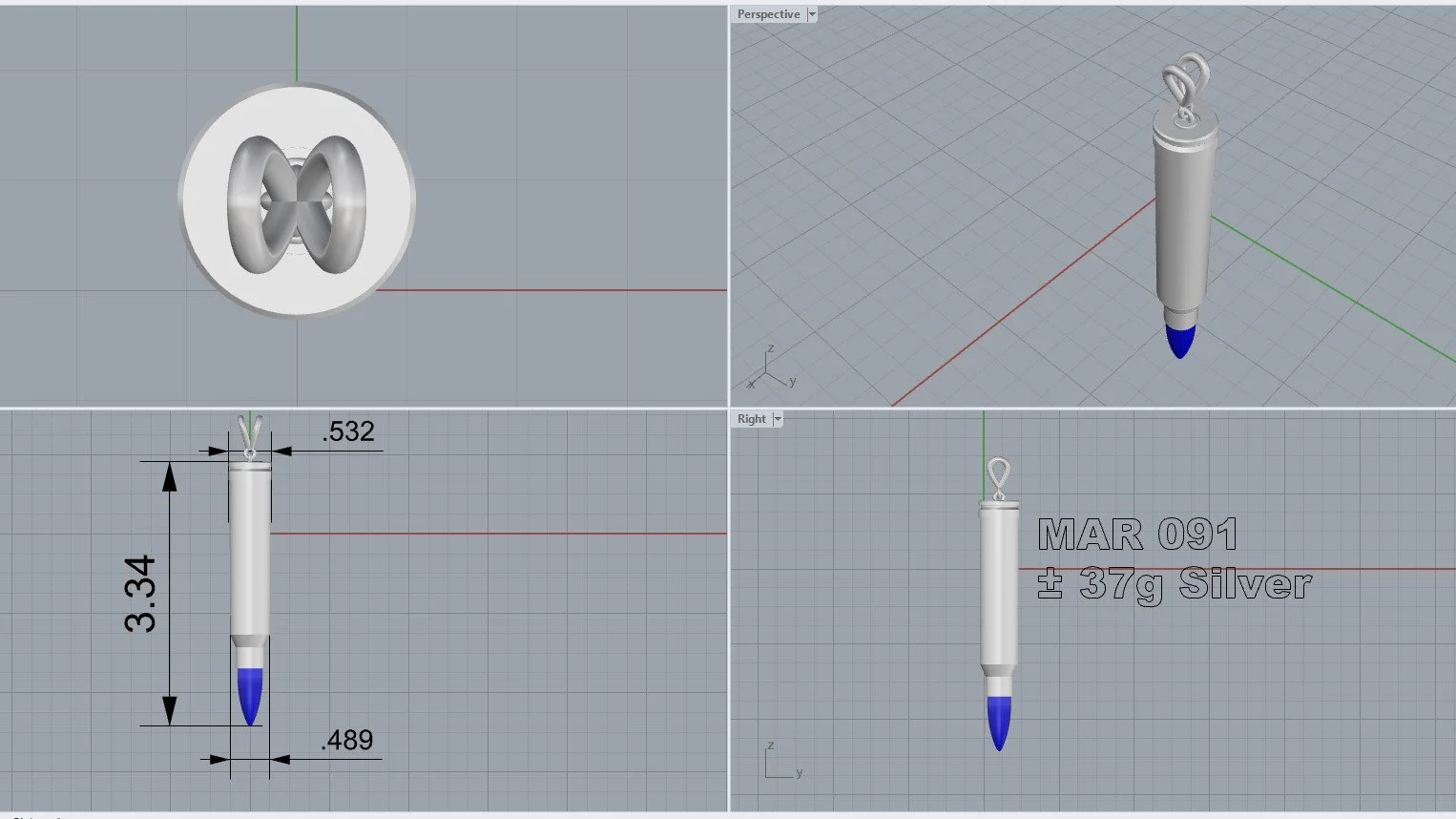 A computer-aided design (CAD) model of a small pendant or charm shaped like a pen with a loop at the top for attaching to jewelry. The design includes measurements and weight information, indicating it is made of silver and weighs approximately 37 grams.