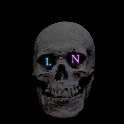 A human skull with blue and purple neon lights in the eye sockets, forming the letters 'L' and 'N' respectively.