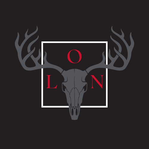 Design featuring a deer skull with antlers, a white square outline, and the letters L, O, N arranged around the skull on a black background.