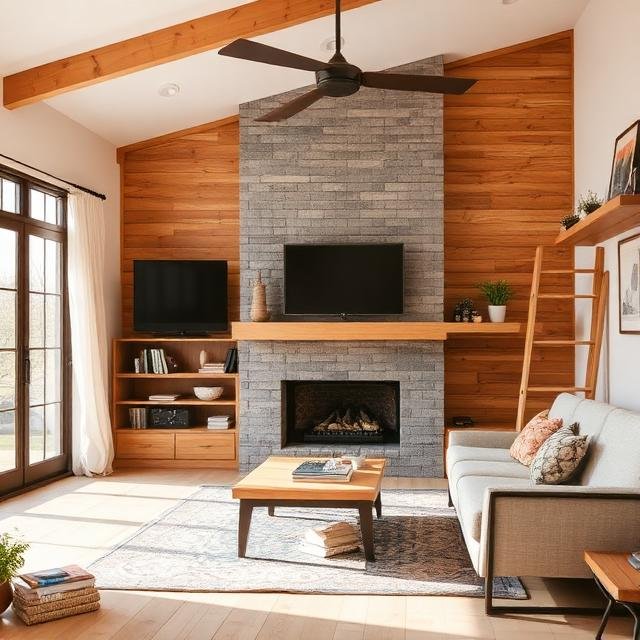 Living room with wood and gray stone fireplace, flat-screen television, beige sofa, wooden coffee table, books and decor, large window with white curtains, wooden shelving, ceiling fan, and gallery wall.