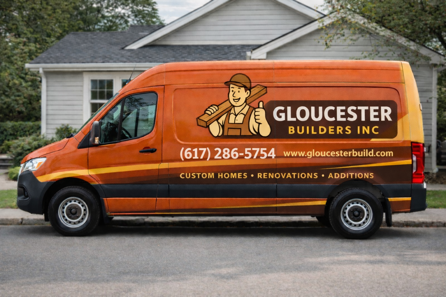 Orange delivery van for Gloucester Builders Inc, featuring a cartoon lumberjack holding a plank, with company website, phone number, and services like custom homes, renovations, and additions.