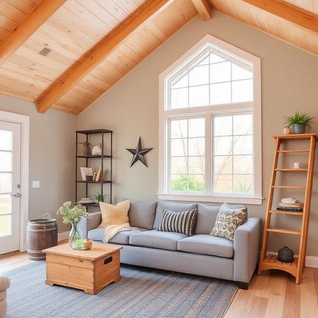 Living room with gray sofa, wooden coffee table with bouquet, window with natural light, wooden ceiling beams, and decorative shelving and accents.