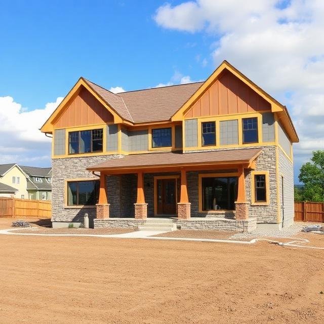 New two-story house with stone and wood siding, large front porch with columns, and a dirt yard in a suburban neighborhood under a partly cloudy sky.