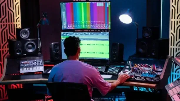 Bir müzik stüdyosunda, üzeri renkli ekranlar ve çeşitli ses ekipmanlarıyla donatılmış bir çalışma istasyonunda oturan kişi.