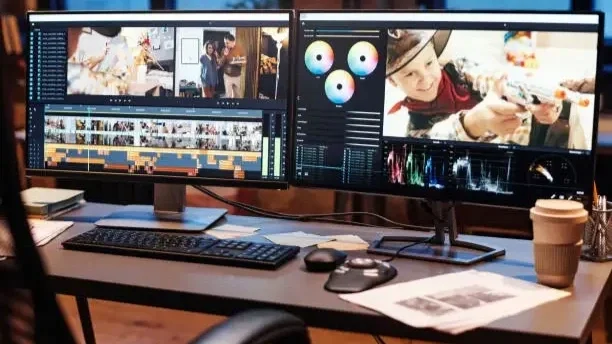 İki monitör ile video düzenleme ve renk düzeltme yazılımı açık, masa üzerinde kahve ve belge bulunuyor.