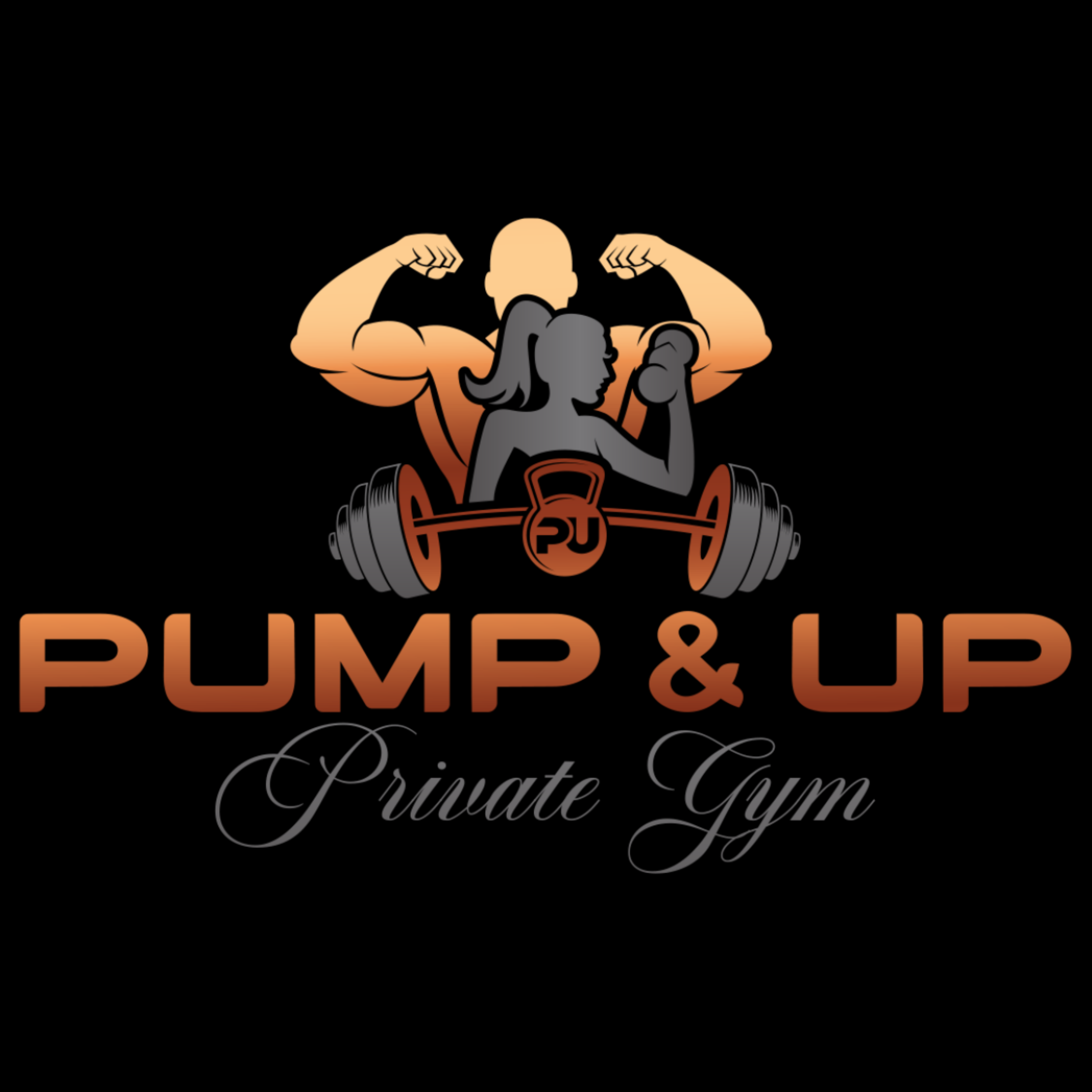 Siyah arka planda, kas çalışması yapan biri erkek ve biri kadın olmak üzere iki siluet, ortada büyükçe bir dambıl ve altında 'PUMP & UP' yazısı, daha altta ise 'Private Gym' ifadesi yer alıyor.